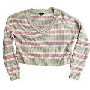 Wild Fable V-Neck Striped Long Sleeve Ribbed Sweater size SmallPink White Beige